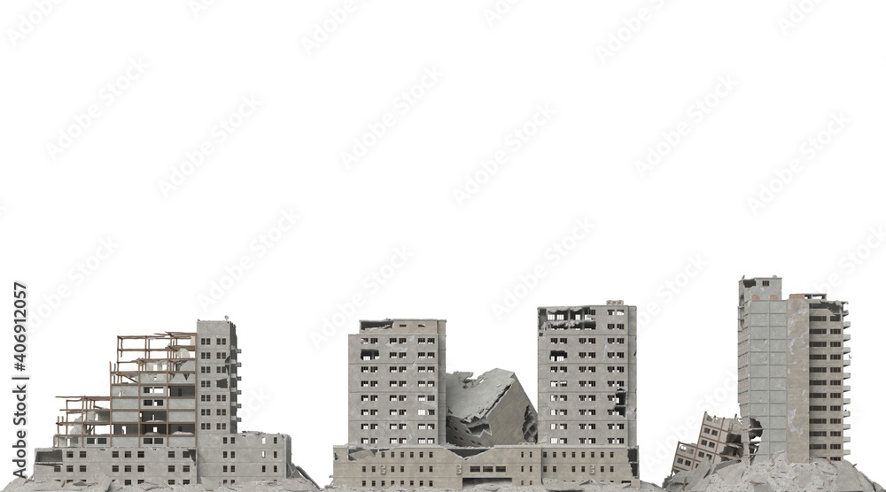 Ruined buildings isolated on white 3d illustration