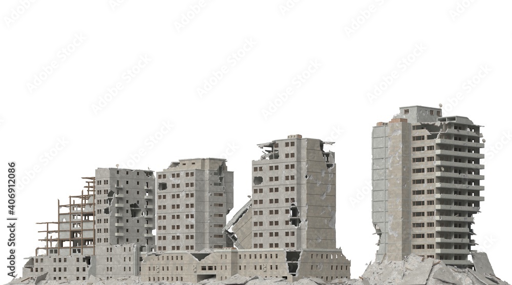 Ruined buildings isolated on white 3d illustration Ruined buildings isolated on white 3d illustration