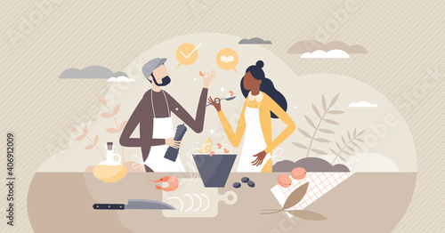 Couple preparing meals together as culinary cook process tiny person concept