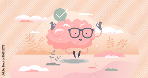 Calm brain meditation to relax balance or mental wellness tiny person concept