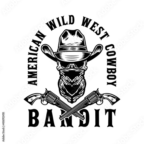 Wild west bandit skull with cowboy hat and guns