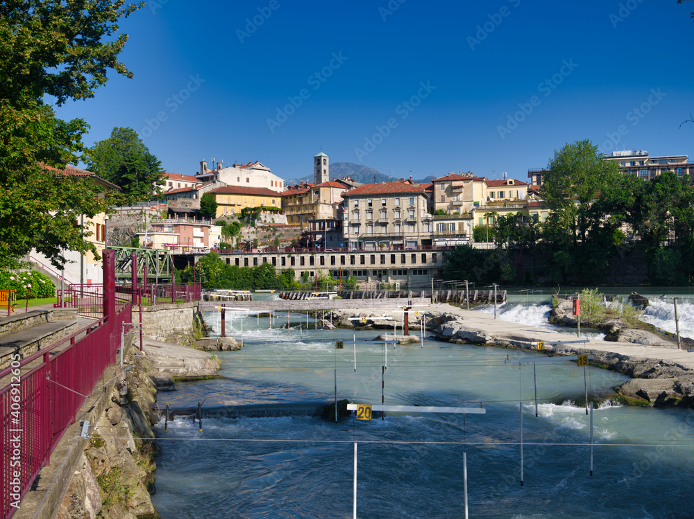 Dora Baltea river passes through the city of Ivrea, Turin, Piedmont, Italy