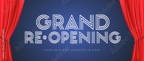 Grand opening or re-opening vector illustration, background with sign and red curtains