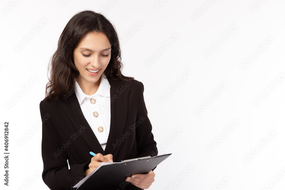 Happy business woman get confident and successful of business Smile businesswomen wearing suit working on document hold pen Business lady get happy with her job Isolated on white background copy space Happy business woman get confident and successful of business Smile businesswomen wearing suit working on document hold pen Business lady get happy with her job Isolated on white background copy space