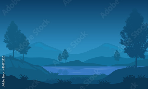 Evening reflection on the river bank with the nice scenic sky. Vector illustration