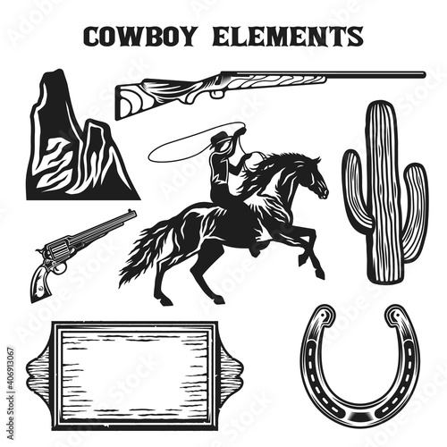 Vintage Wild west cowboy elements collection set