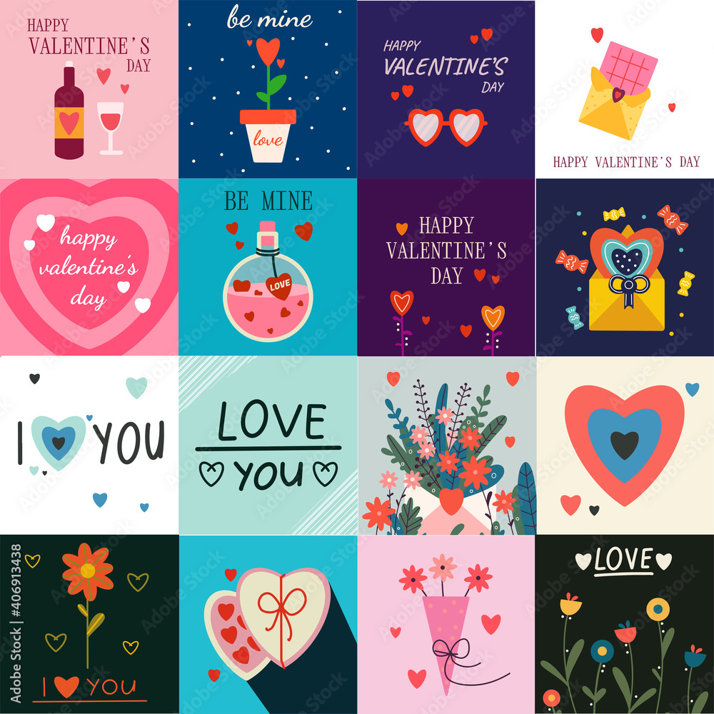 Large set of cards Happy Valentine's Day, February 14. Vector illustration with hearts, flowers, lettering, in bright colors. Suitable for social media posts, mobile apps, marketing materials. Large set of cards Happy Valentine's Day, February 14. Vector illustration with hearts, flowers, lettering, in bright colors. Suitable for social media posts, mobile apps, marketing materials.