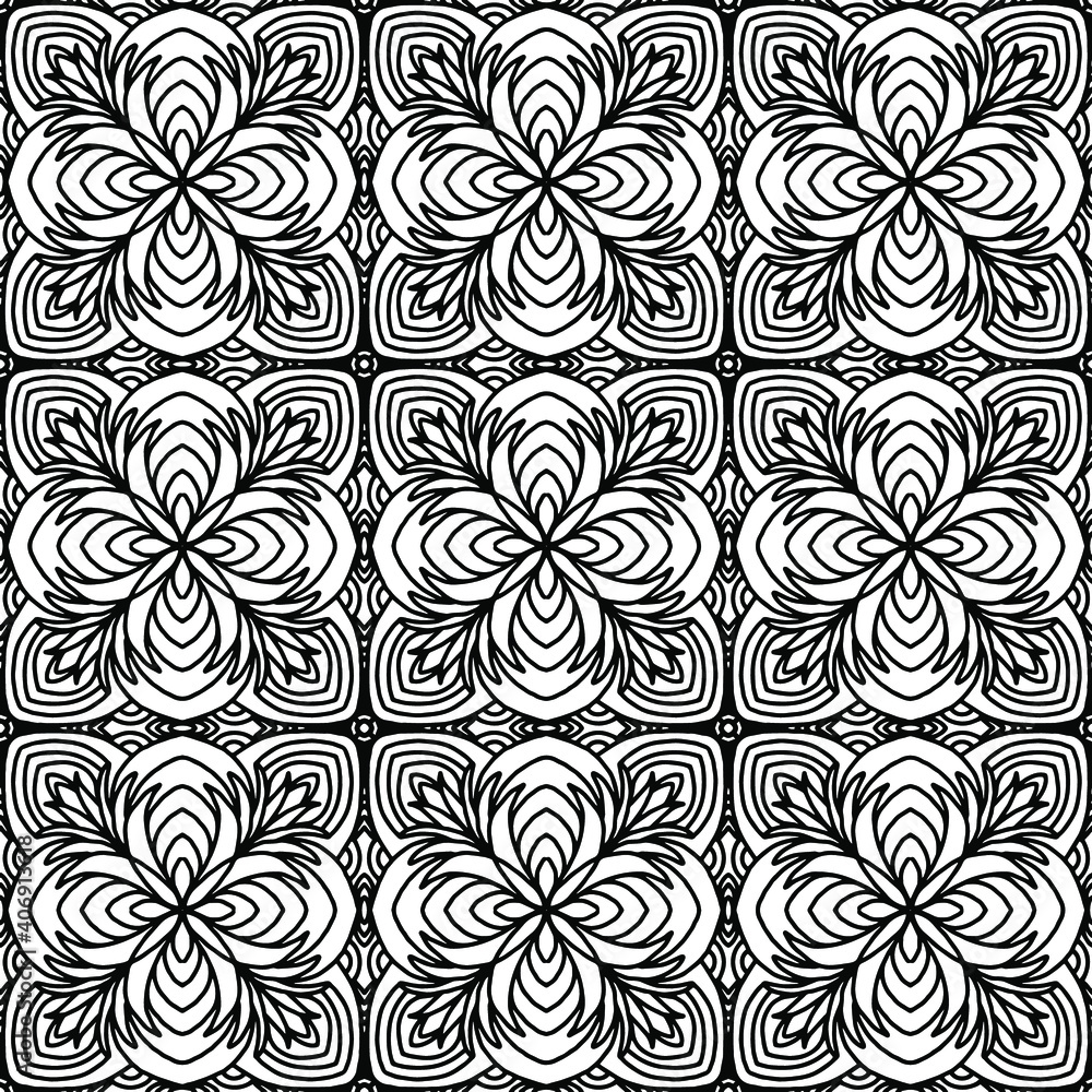 Fototapeta premium seamless pattern with flowers and ornaments drawn for coloring on a white background, vector