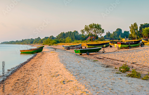 Coastal landscape with small fishing boats that is still used for traditional...
