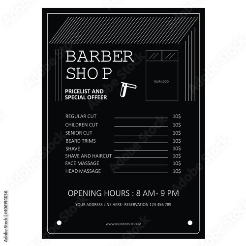 Barber Shop Menu Template price, background  black color 