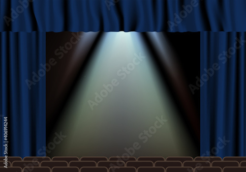 Illustration of a stage illuminated by a dark blue curtain and spotlights. Vector illustration.