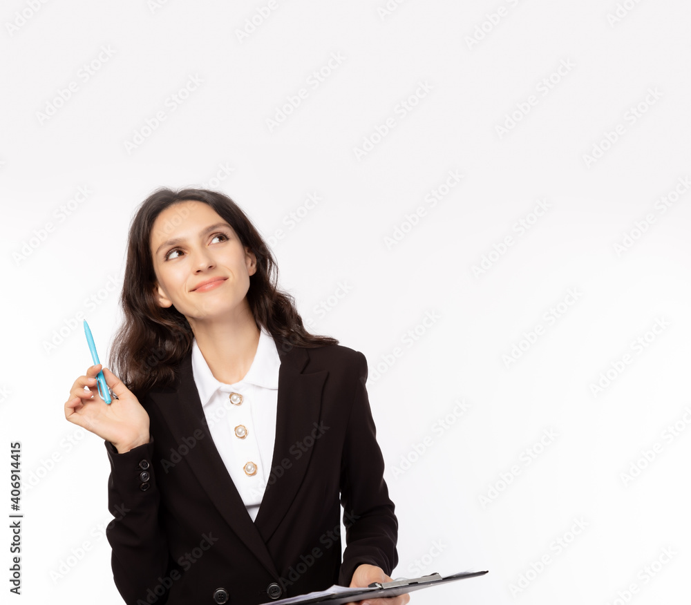 Happy businesswoman planning of business and thinking good idea Beautiful woman looking up to copy space Manager female look smart and clever She hold pen and clipboard Isolated over white background Happy businesswoman planning of business and thinking good idea Beautiful woman looking up to copy space Manager female look smart and clever She hold pen and clipboard Isolated over white background