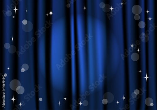 Illustration of a spotlight illuminating a dark blue curtain. Vector illustration.