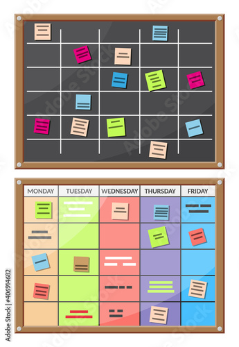 Bulletin board full of tasks on sticky note cards. Development, team work, agenda, schedule, to do list. Vector illustration in flat style
