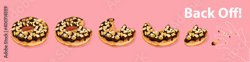 Funny poster with donuts. Whole donut with chocolate and nut topping and its bitten pieces and greedy hand. Vector Illustration