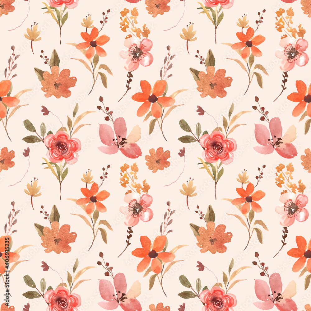Seamless Watercolor Floral Pattern with Terracotta and Brown Orange Flower
