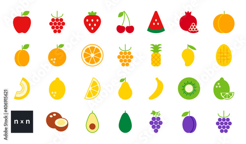 Set of vector flat color icons. Collection of fruits and berries. Modern minimalistic design