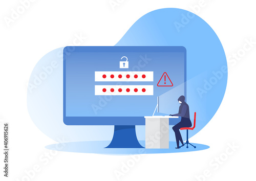 cyber robber sitting at computer table for criminal attacking private information, banking online, password security concept.  vector illustration
