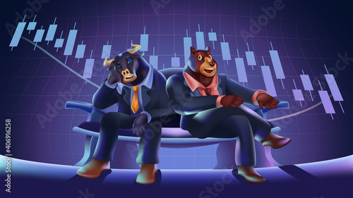 Bull and Bear cartoons with stock market chart