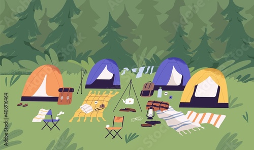Touristic summer campground with tents, picnic blankets, sleeping bags and backpacks. Camping area in clearing in forest. Tourism in nature. Colored flat vector horizontal illustration