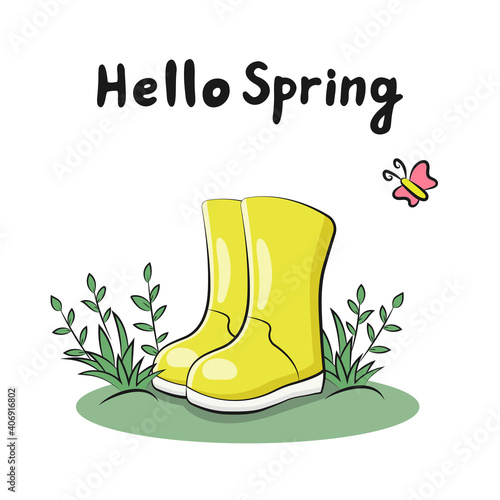 Hello spring. Spring card with handwriting text, rubber boots, butterfly, and leaves. Vector illustration