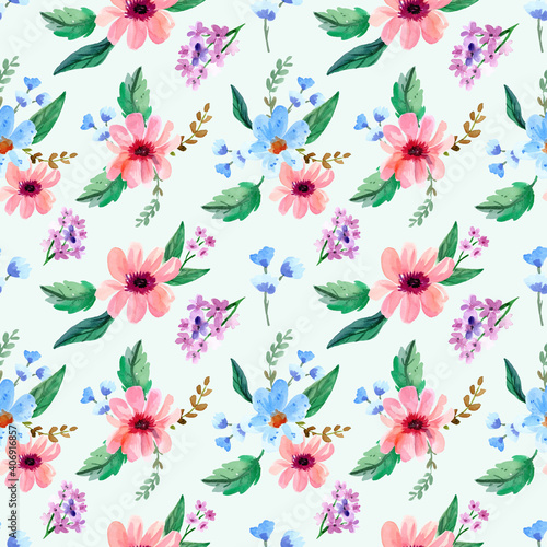 Watercolor Seamless Pattern of Pink and Blue Flower with Soft background