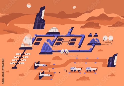 Mars colonization concept. Futuristic landscape of red planet surface with colony buildings and equipment for scientific research. Colored flat textured vector illustration