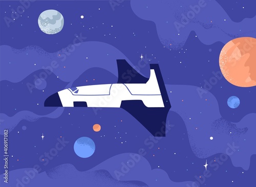 Futuristic galactic spaceship flying in open space among planets and stars. C...