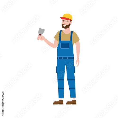 Construction worker with cordless screwdriver tool in workwear