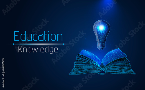 the concept of learning, learning new, development. open book and light bulb symbol of idea, mind and learning. learning new things. isolated on blue background. wireframe, vector illustration. dots