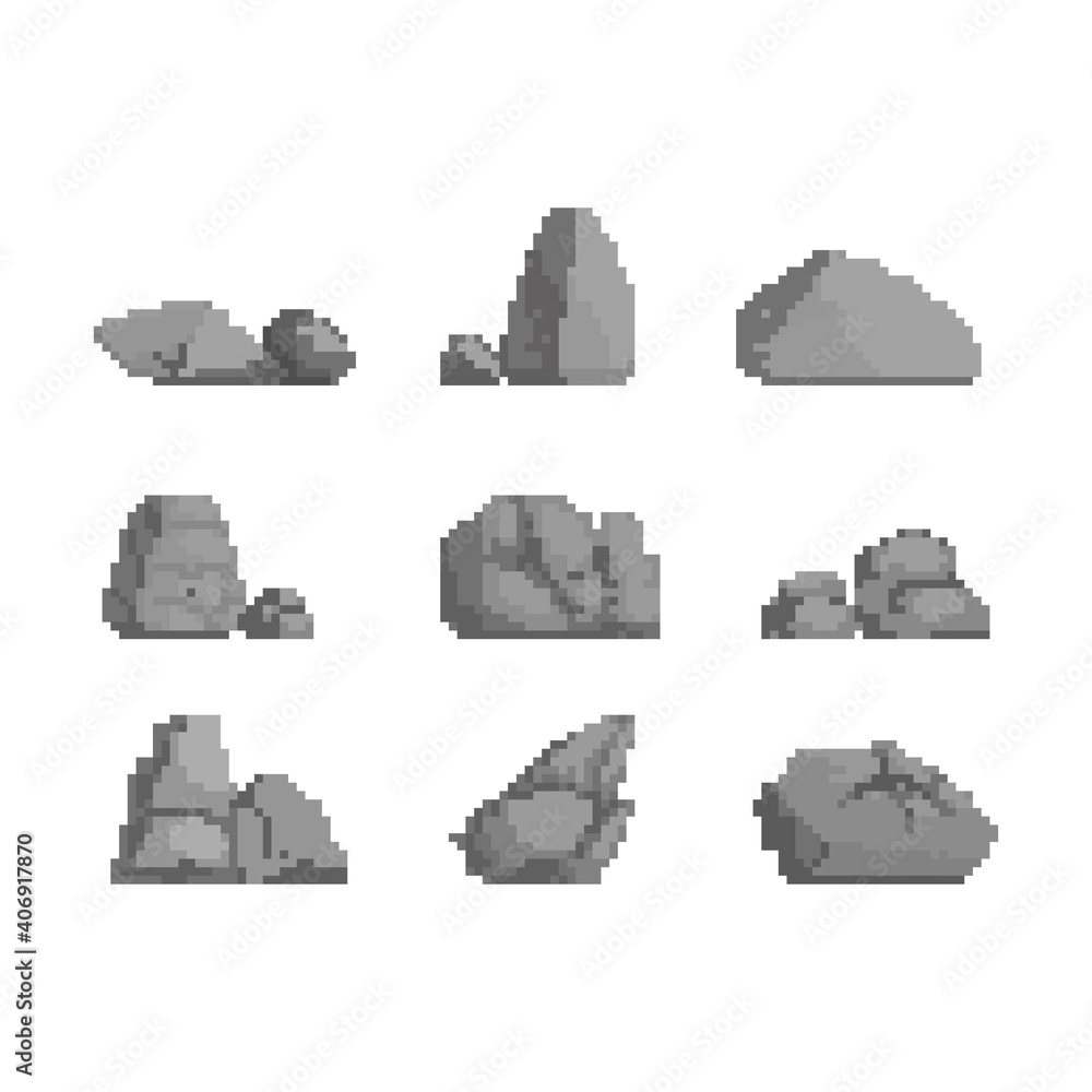Pixel art set of stones illustration.