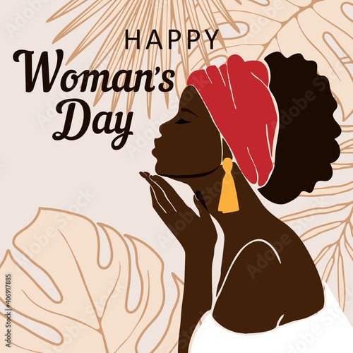 Abstract female profile portrait. Beautiful African American woman in the background a large tropical leaf. Modern design card valentine's day, international women's day, mother's day.
