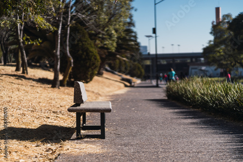 urban park bench at sunrise