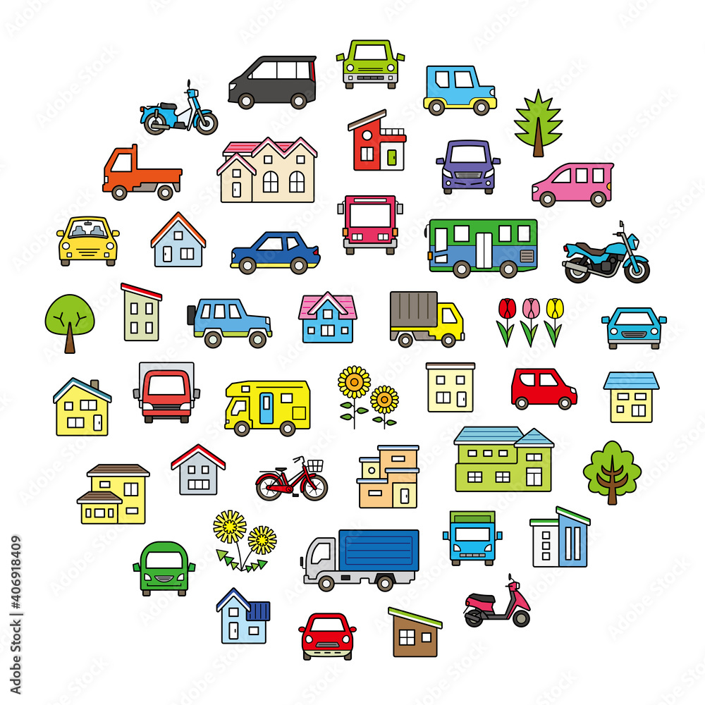 家と車と二輪車と植物のサークルギャラリー(線画とカラー)