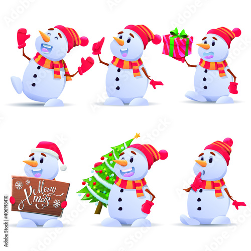 Collection of cute snowmen.  Funny snow man in different costumes and in hat, scarf and mittens collection on white background. Merry Christmas design element. Vector illustration