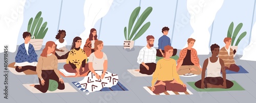Group of young men and women sitting separately on floor, meditating and performing breathing exercises at yoga retreat class. Anapana and vipassana practice. Colored flat vector illustration