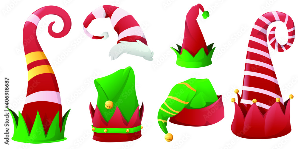Fototapeta Kolekcja świątecznych czapek dla elfów, pomocników Świętego Mikołaja. Świąteczna czapka świąteczna w kolorach zielonym i czerwonym, dekoracja świąteczna. Ilustracja wektorowa