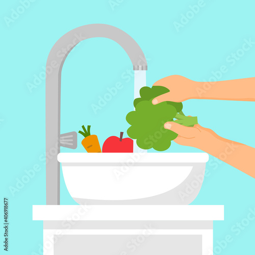 Washing fruit and vegetables before cooking concept vector illustration. Housewife cleaning vegetables with a lot of water.
