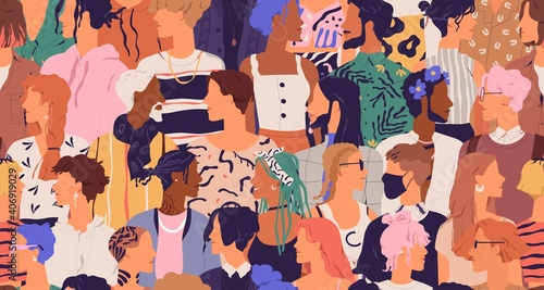 Seamless pattern of diverse modern people. Human crowd with different multiracial men and women. Endless repeatable texture with international society. Colored flat vector illustration