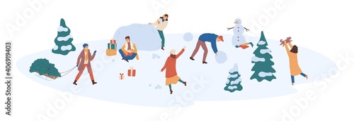 Different outdoor winter activities of young people. Characters playing snowballs, making snowman and walking with pet. Colored flat vector illustration isolated on white background