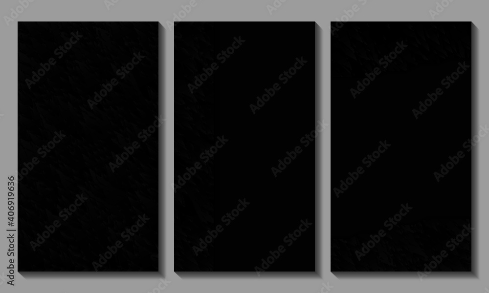 Set of black abstract geometric background, cover, wallpaper. Screensaver for phone, tablet, social network. Modern form concept. 3D vector illustration. 16: 9 aspect ratio