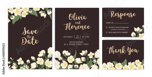 Collection of wedding inviting cards with floral decoration on dark background. Templates of vertical and horizontal bridal invitations with white jasmine flowers. Colored flat vector illustration