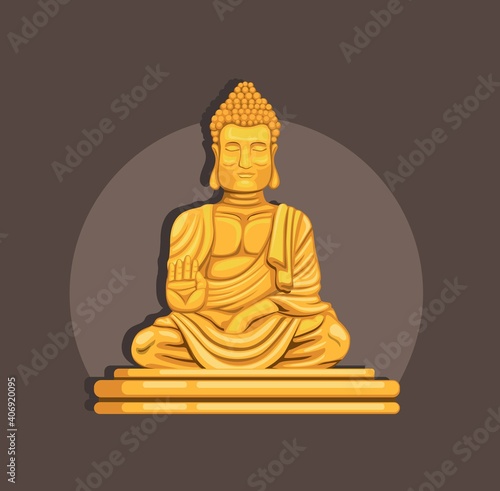 Golden Buddha statue religion symbol concept in cartoon illustration vector 