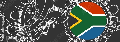 Concept of industrial design. Energy and power icons set. Energy generation, transportation and heavy industry. Brochure, report or cover design template. Thin lines style. Flag of South Africa