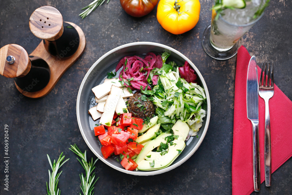 Vegetable salad, colorful healthy diet. Food served on a plate, food styling, serving suggestions, culinary photography. Vegetable salad, colorful healthy diet. Food served on a plate, food styling, serving suggestions, culinary photography.