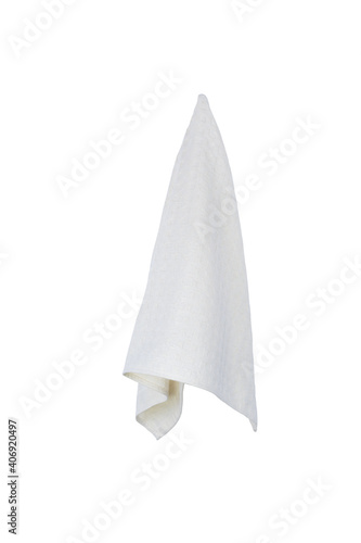 White hanging  kitchen towel isolated on white background. Cooking and cleaning mock up for design.