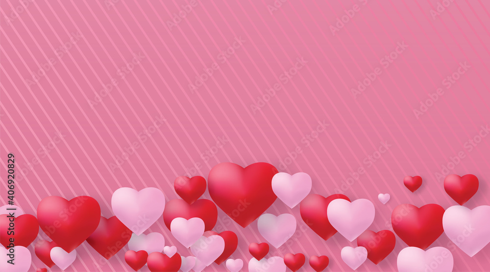 Valentines day background with 3d hearts. For a poster or banner and greeting card.