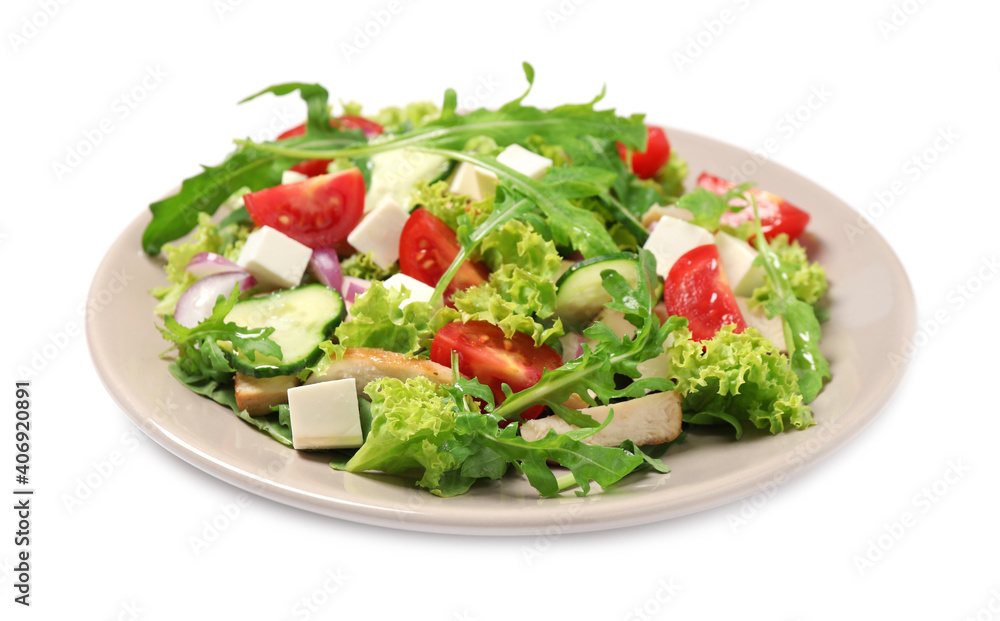 Delicious salad with meat, arugula and vegetables isolated on white