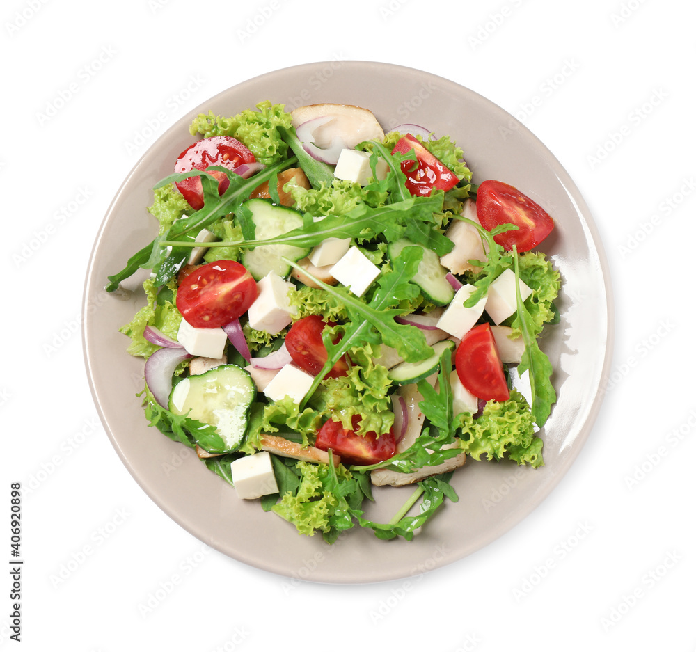 Delicious salad with meat, arugula and vegetables isolated on white, top view Delicious salad with meat, arugula and vegetables isolated on white, top view
