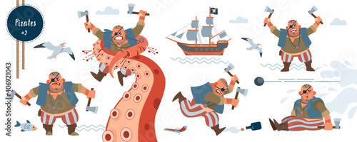 Pirate. Bandit. Series set Pirates and robbers. Short, strong Pirate character cartoon flat isolated vector illustration
